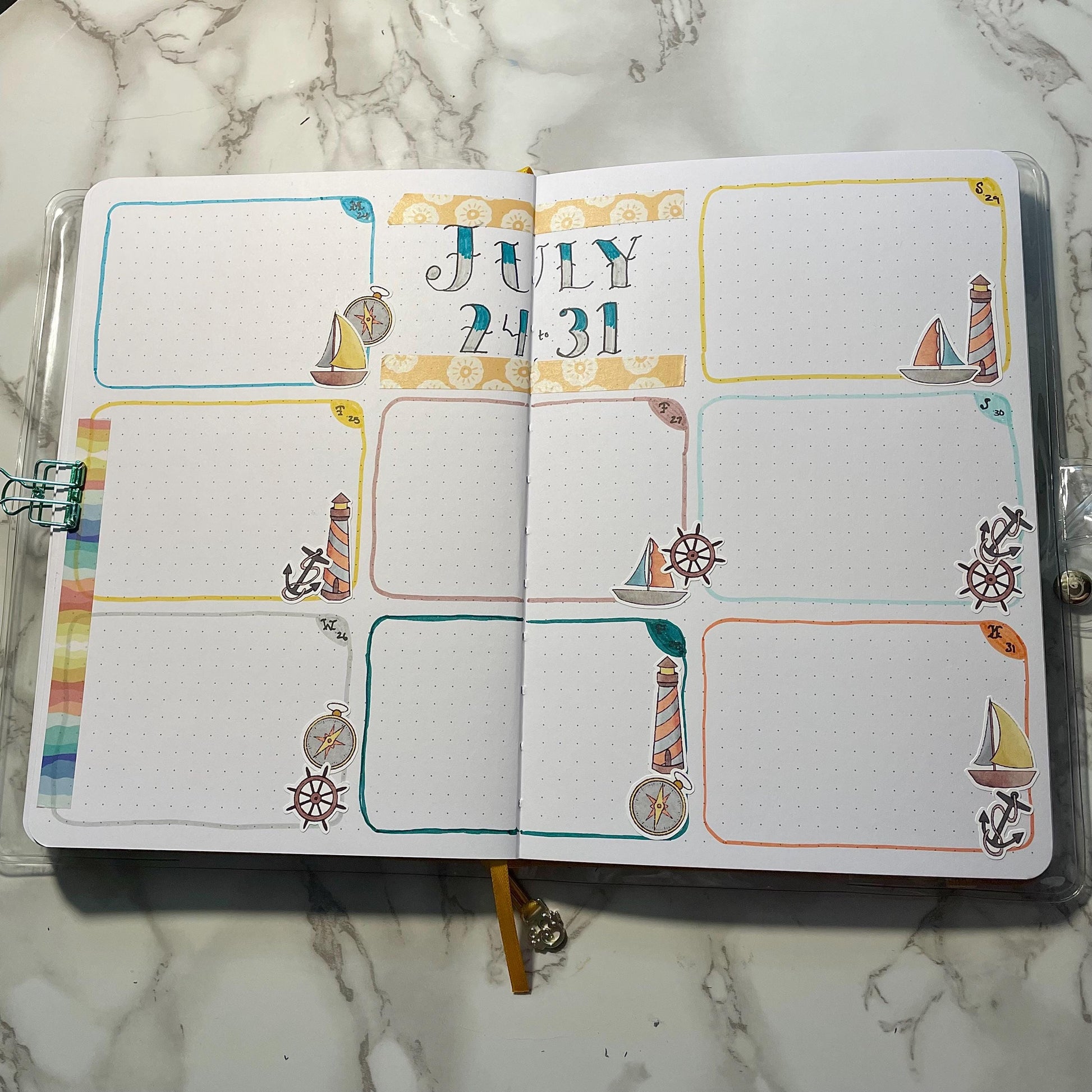 An overview image of a nautical themed bullet journal weekly spread.
