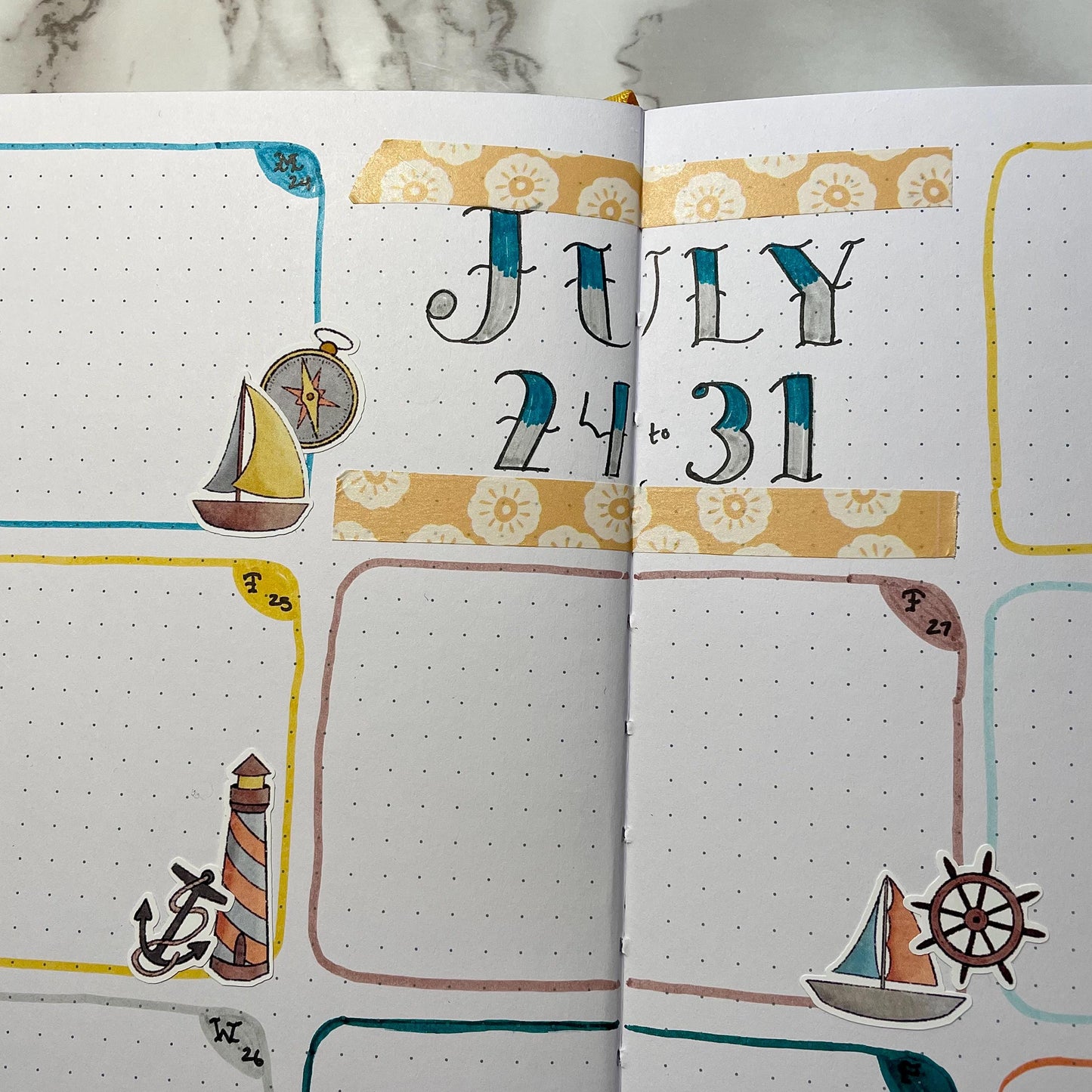 An overview image of a nautical themed bullet journal weekly spread.
