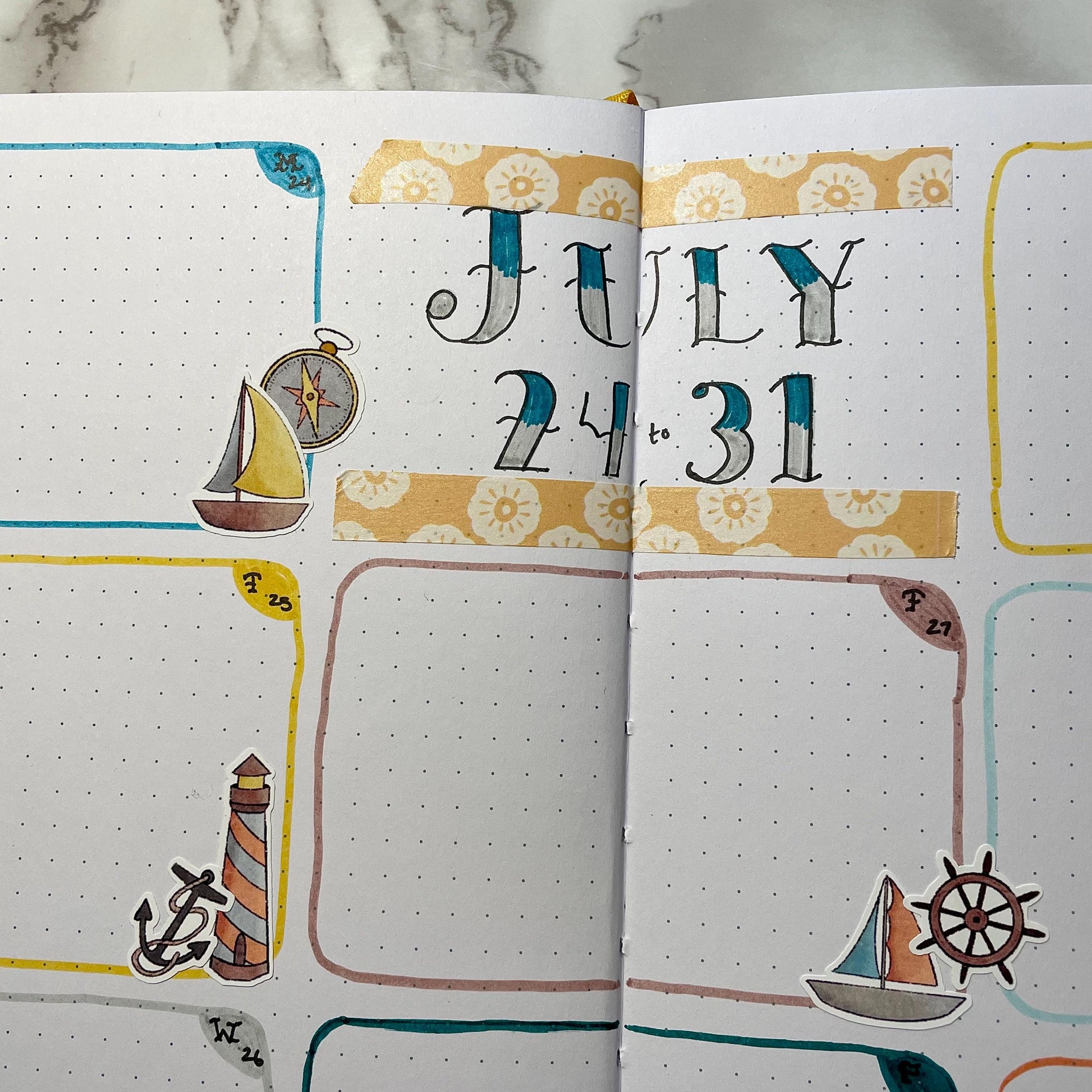 An overview image of a nautical themed bullet journal weekly spread.