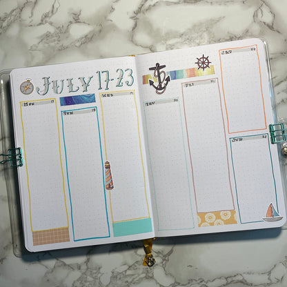 An overview image of a nautical themed bullet journal weekly spread.