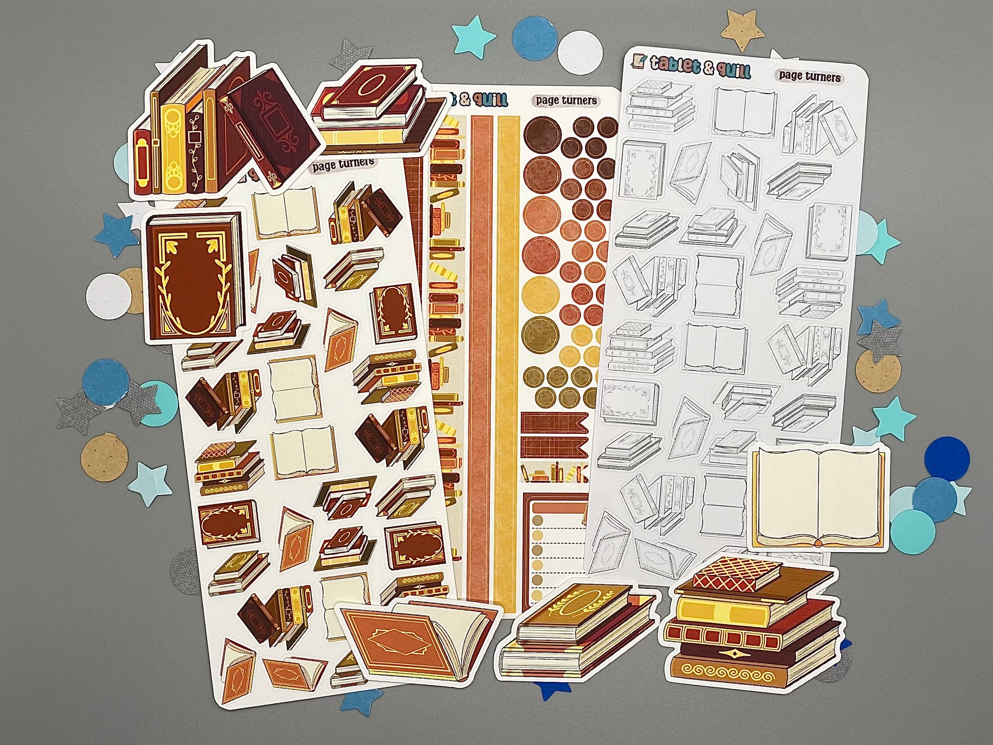 Collection of book-themed stickers on a gray background