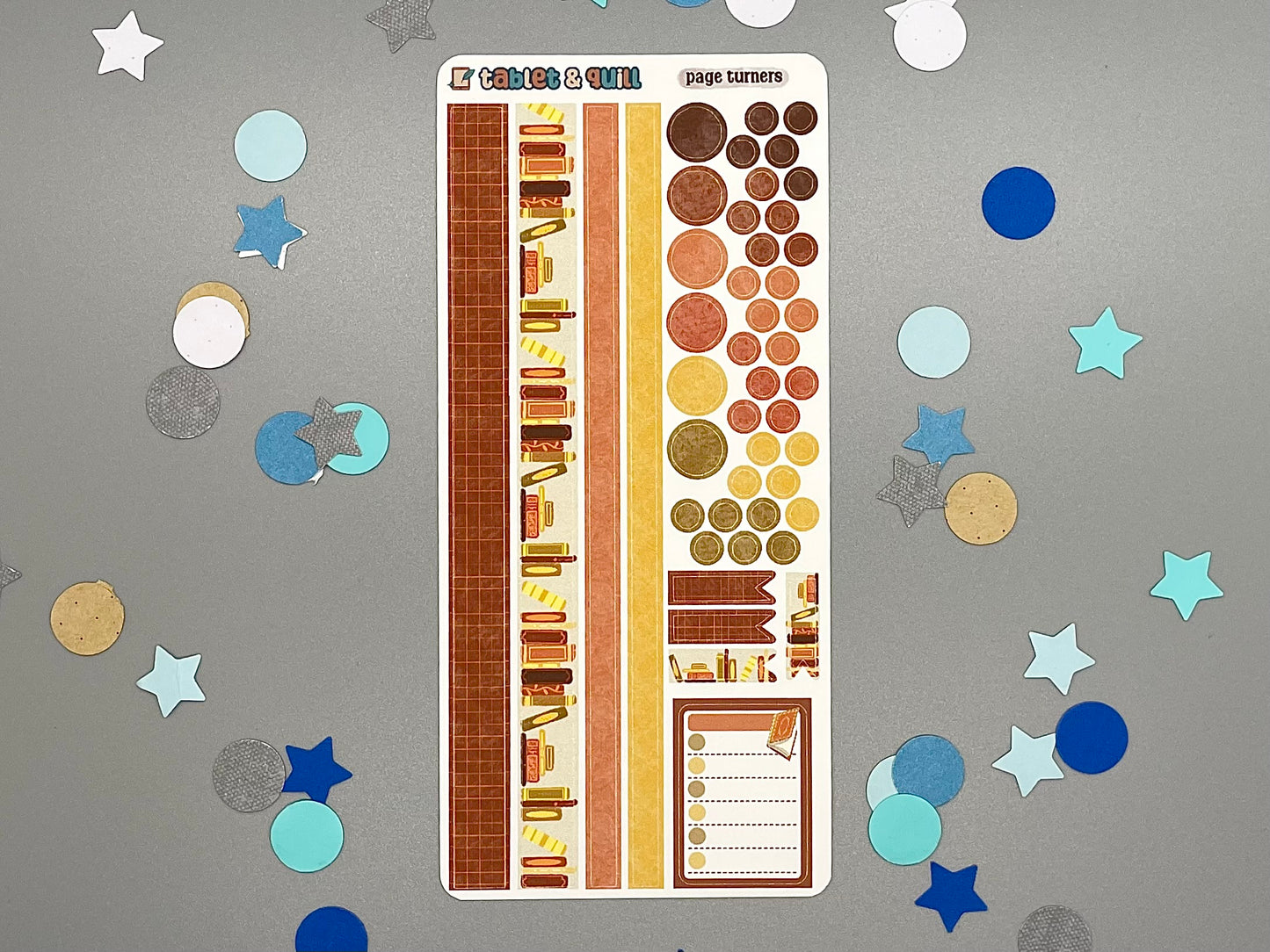 Decorative book themed sticker sheet on a gray background with confetti.