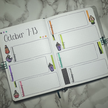 Overview of a bullet journal weekly spread themed with poisonous potions and weekday stickers.