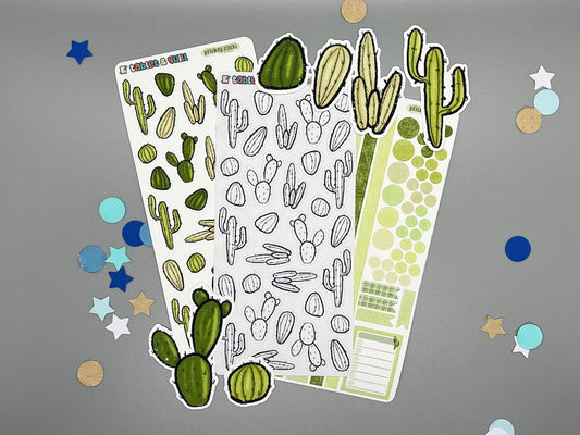 An overview image of cacti themed stickers, including a color sticker sheet, a colorable sticker sheet, a decorative sticker sheet, and die cut sticker flakes.