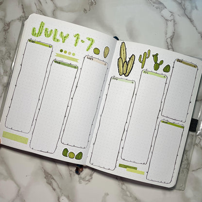 Overview of a cacti themed bullet journal weekly spread.