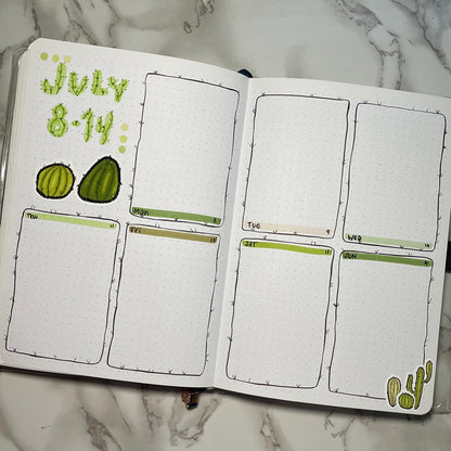 Overview of a cacti themed bullet journal weekly spread.