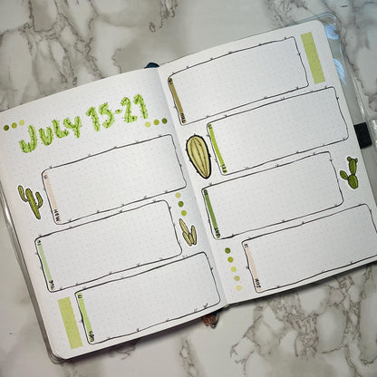 Overview of a cacti themed bullet journal weekly spread.