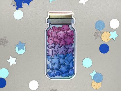 Holographic laminated pride stickers. Paper stars in a jar. bisexual flag colors.