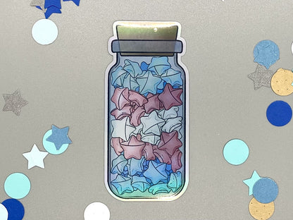Holographic laminated pride stickers. Paper stars in a jar. transgender flag colors.