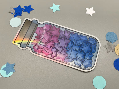 Holographic laminated pride stickers. Paper stars in a jar. bisexual flag colors.