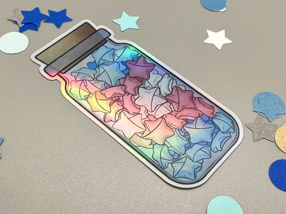 Holographic laminated pride stickers. Paper stars in a jar. transgender flag colors.
