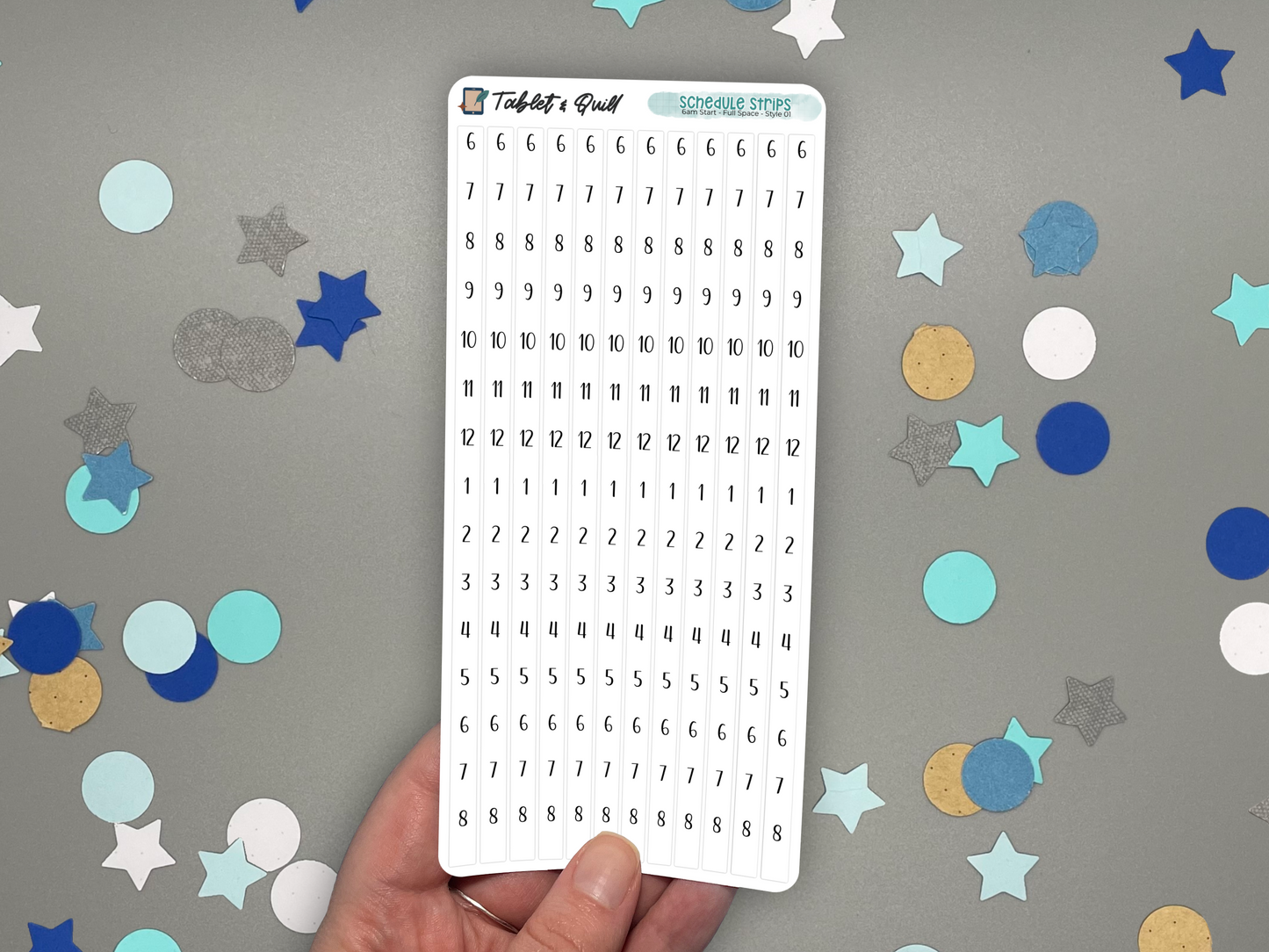 Sheet of schedule time blocking stickers with numbers and letters held over a gray background with colorful confetti.