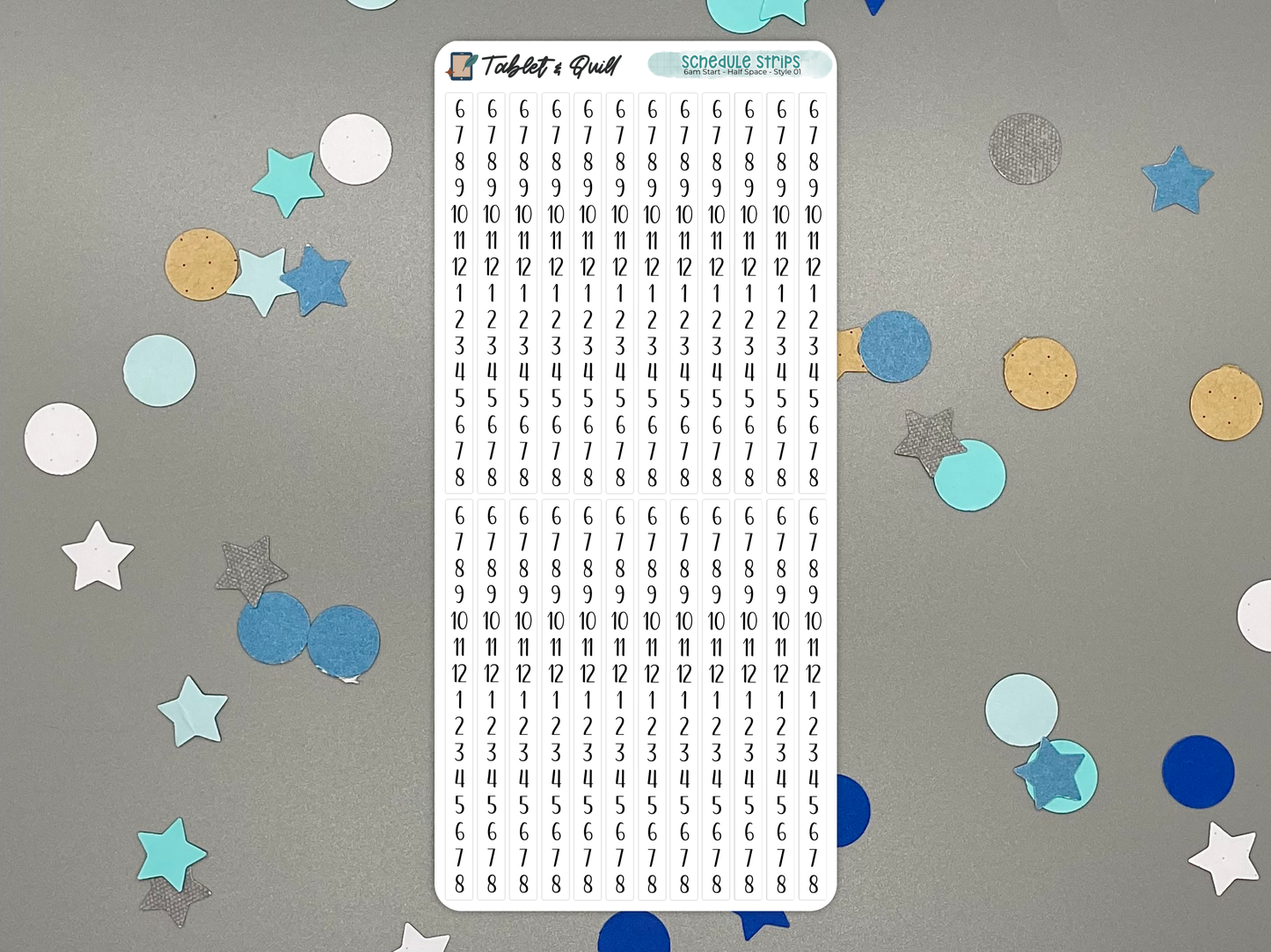 Sheet of schedule time blocking stickers with numbers and letters on a gray background with colorful confetti.