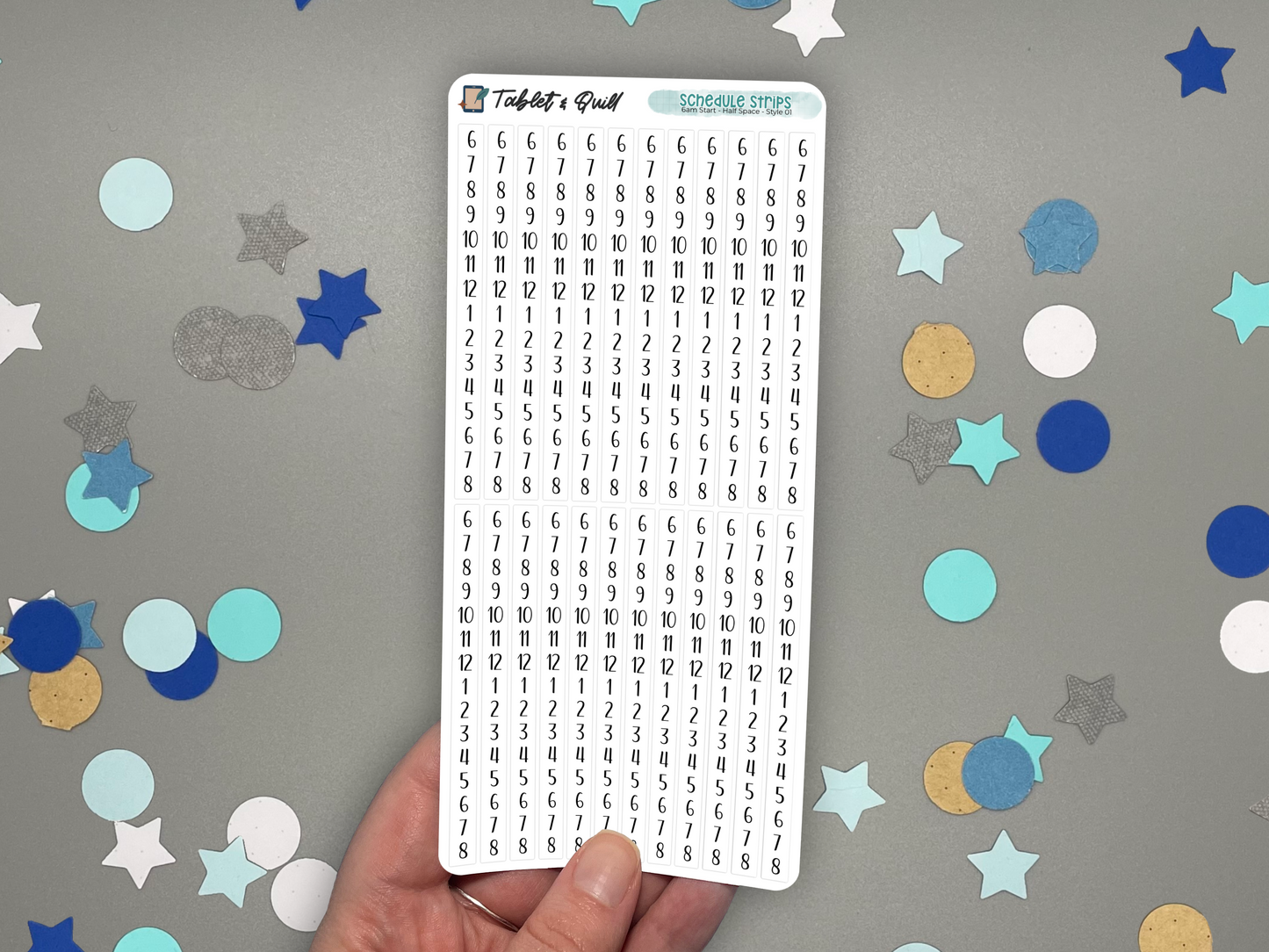 Sheet of schedule time blocking stickers with numbers and letters held over a gray background with colorful confetti.