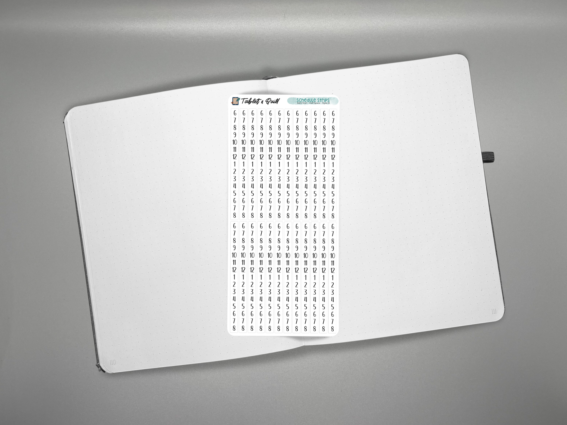 Schedule time blocking sticker sheet on a journal over a gray background.