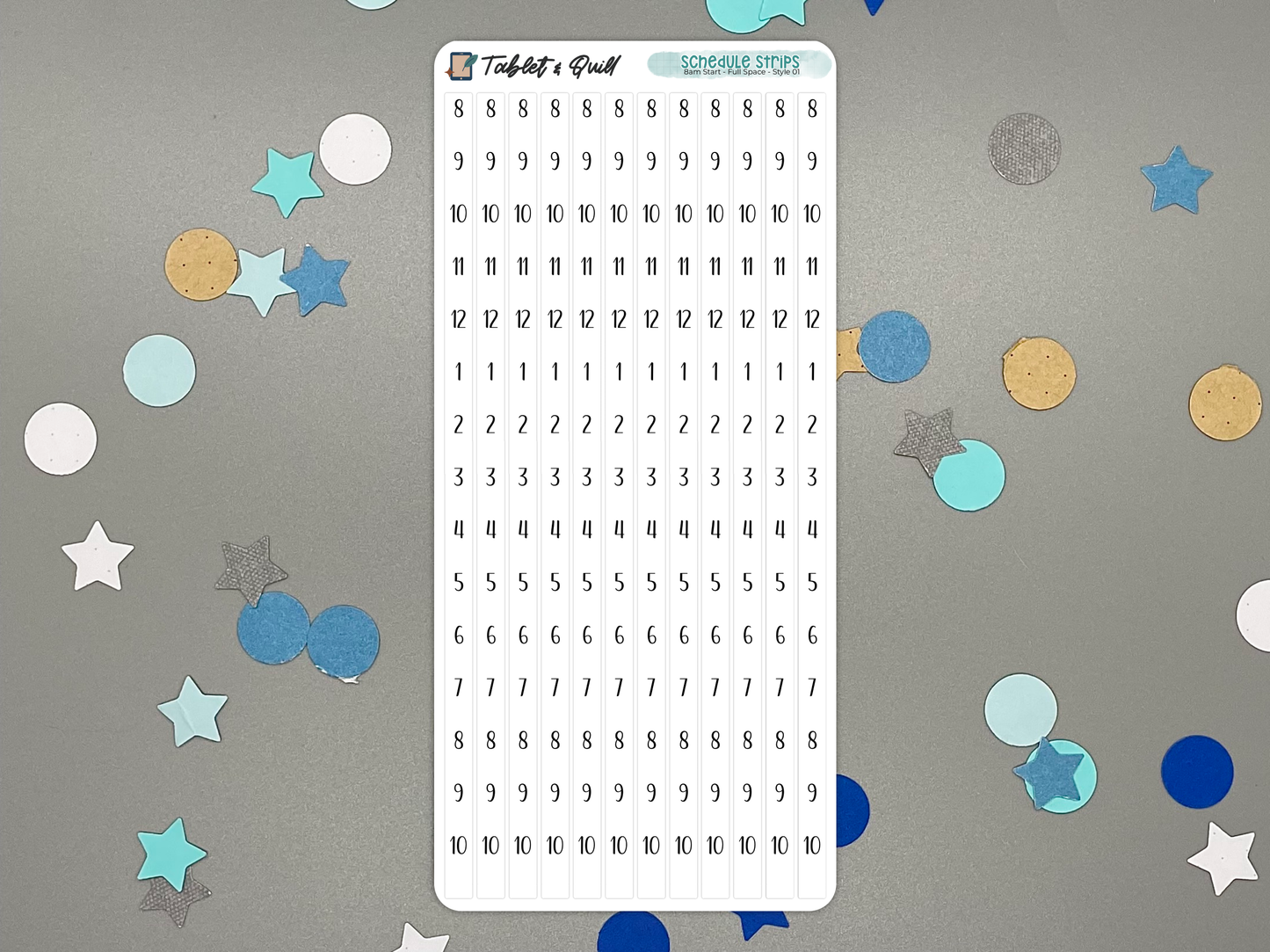Sheet of schedule time blocking stickers with numbers and letters on a gray background with colorful confetti.