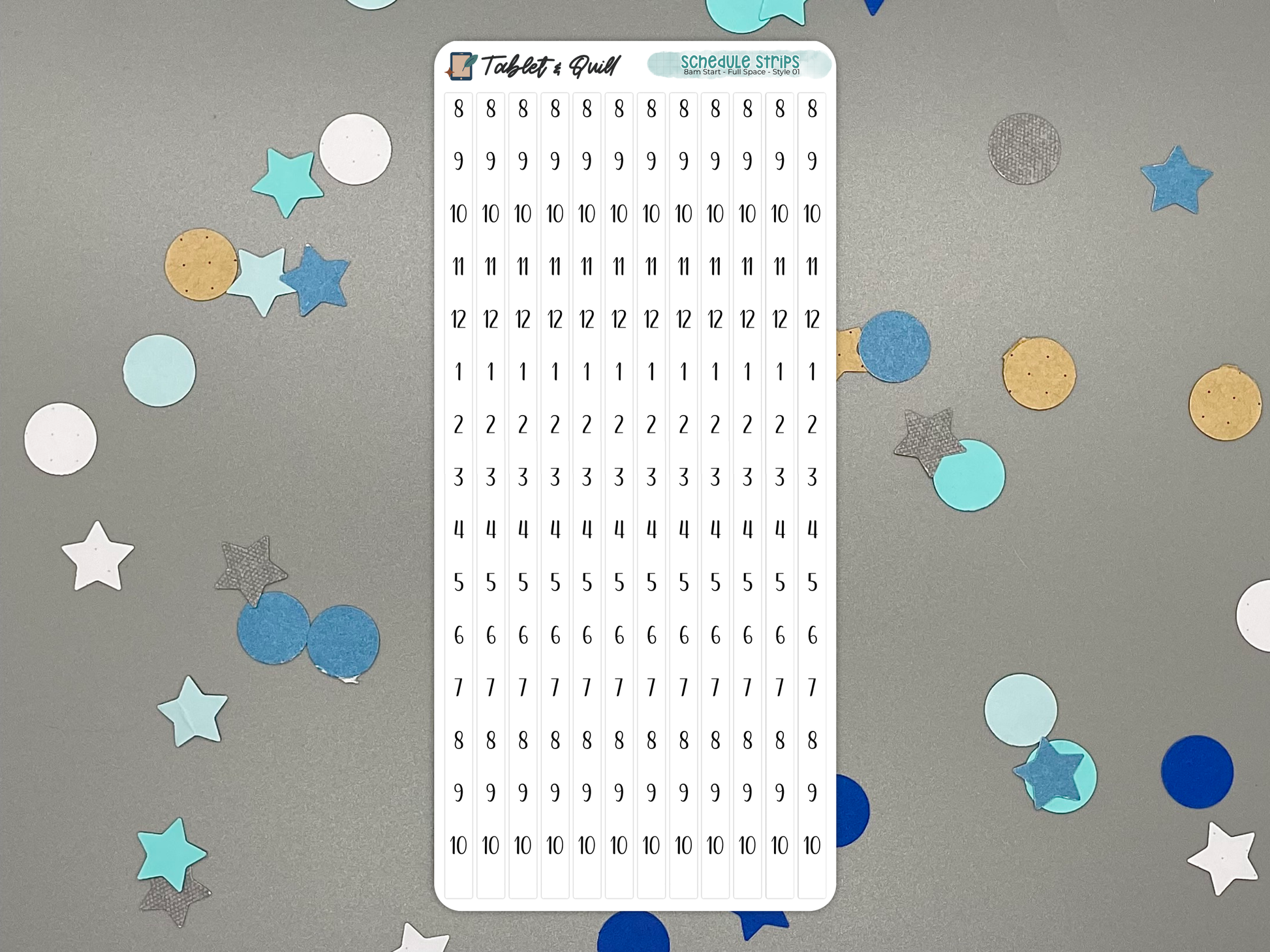 Sheet of schedule time blocking stickers with numbers and letters on a gray background with colorful confetti.