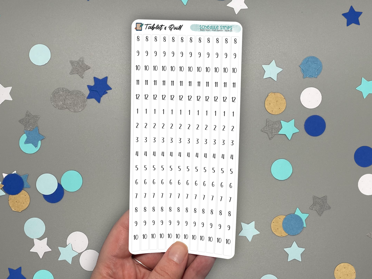 Sheet of schedule time blocking stickers with numbers and letters held over a gray background with colorful confetti.