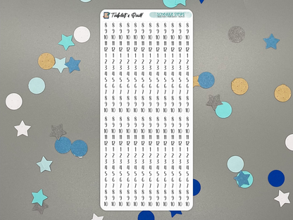 Sheet of schedule time blocking stickers with numbers and letters on a gray background with colorful confetti.