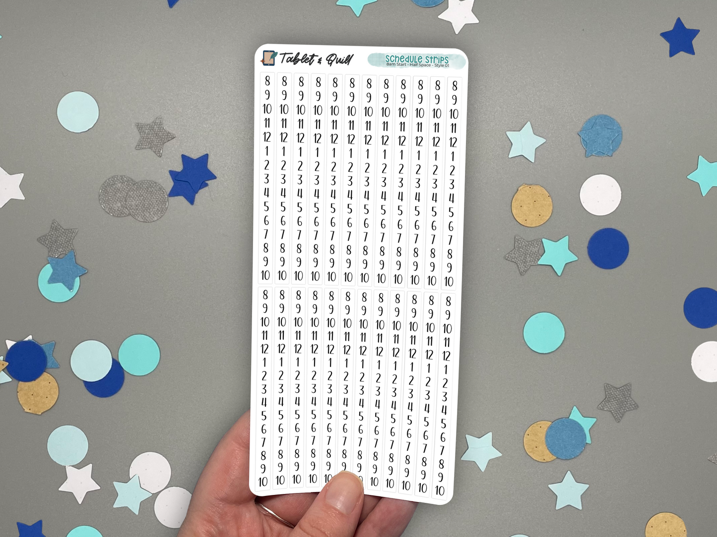 Sheet of schedule time blocking stickers with numbers and letters held over a gray background with colorful confetti.