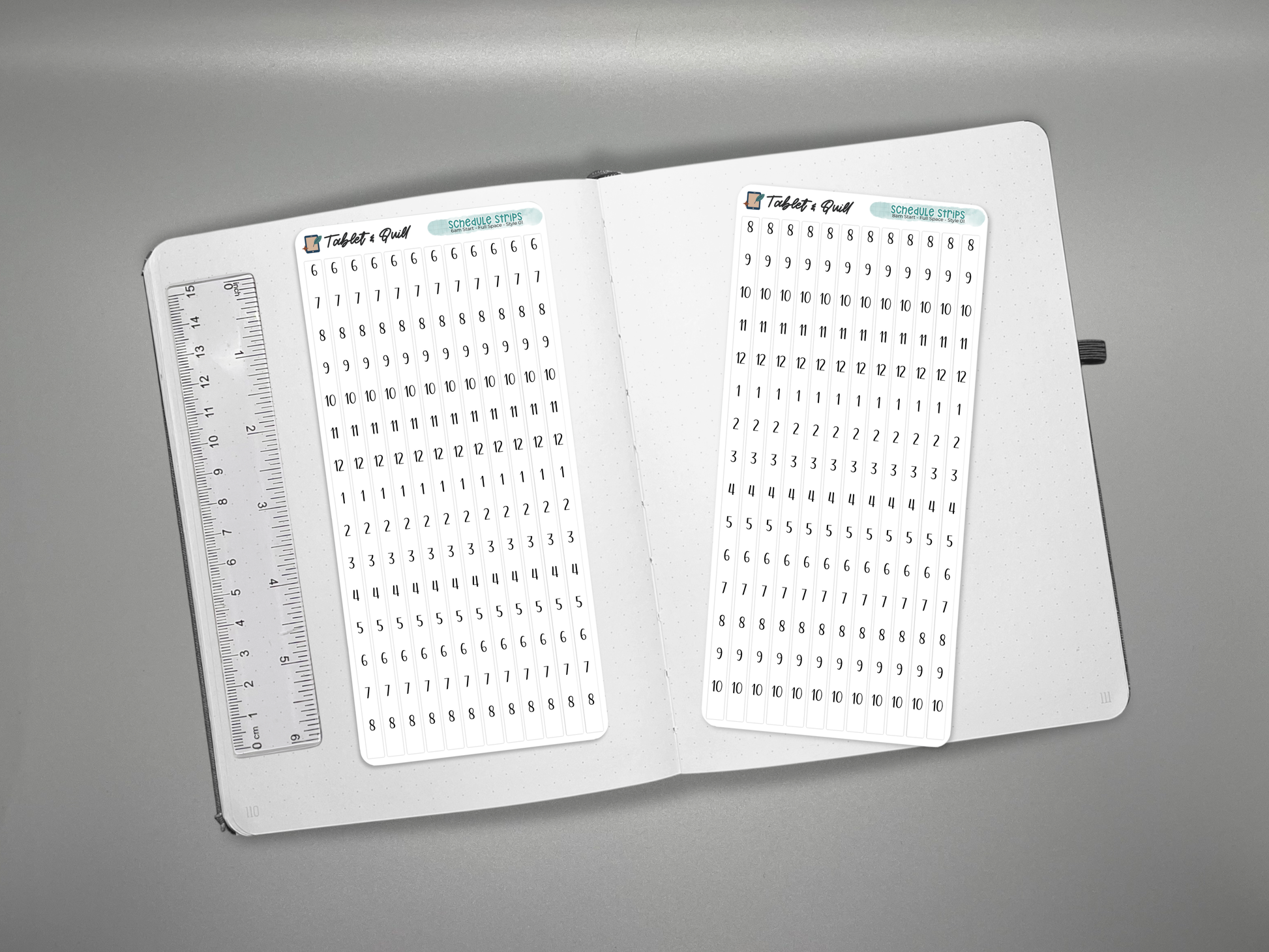 Two schedule time blocking sticker sheets on a journal with a ruler for scale over a gray background.