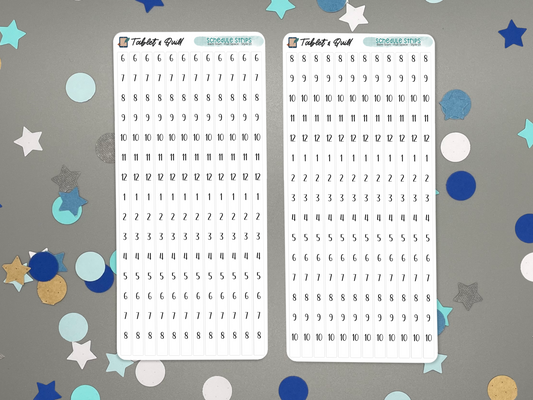 Two sheets of schedule time blocking stickers with numbers and letters on a gray background with colorful confetti.