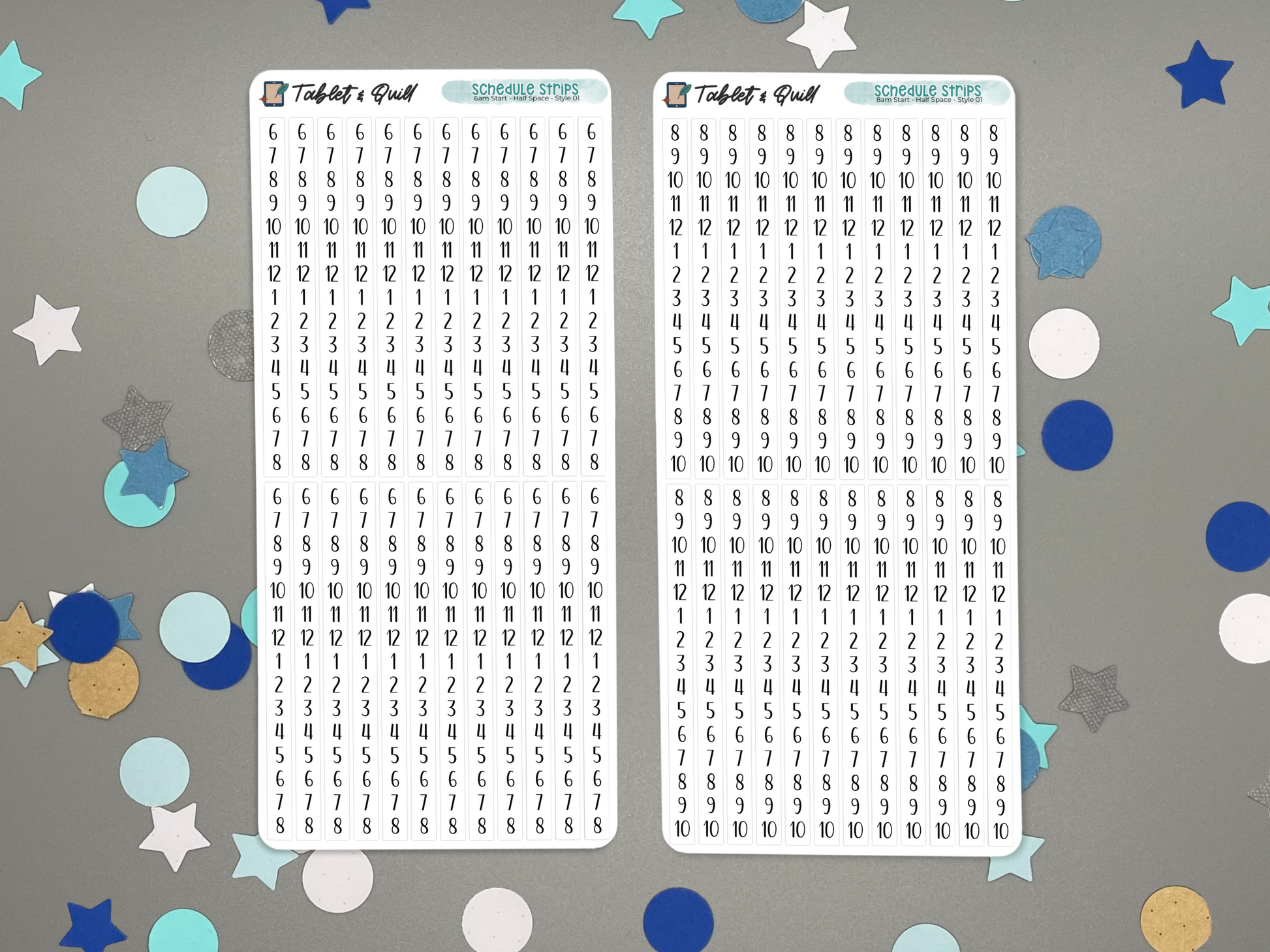 Two sheets of schedule time blocking stickers with numbers and letters on a gray background with colorful confetti.