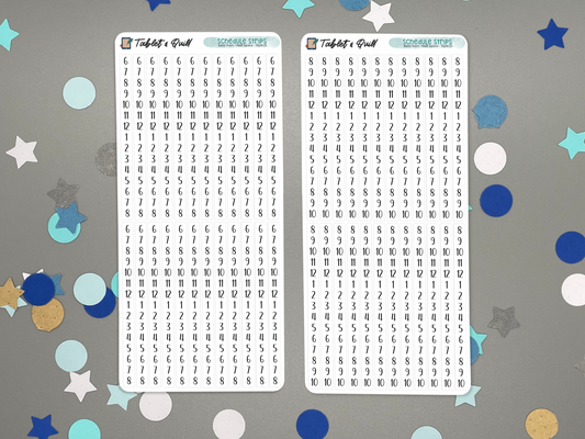 Two sheets of schedule time blocking stickers with numbers and letters on a gray background with colorful confetti.