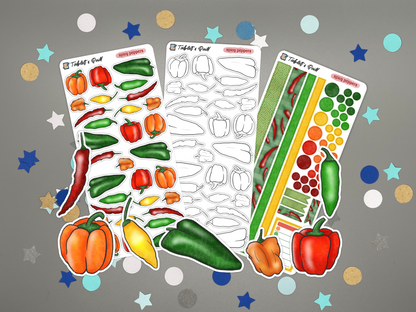 Set of pepper-themed stickers on a gray background with colorful stars.