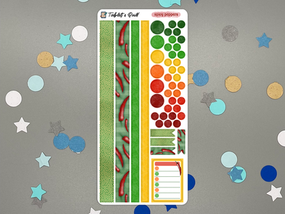 Colorful sticker sheet with matching pepper designs on a gray background with decorative elements.