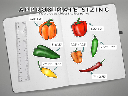 Pepper stickers with approximate sizing measurements on a journal page with a ruler for scale.