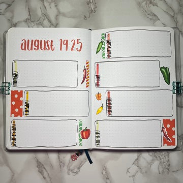 An overview image of a peppers themed bullet journal weekly spread.
