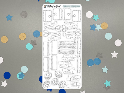 Stationery themed DIY color bullet journal sticker sheet on a gray background with confetti.