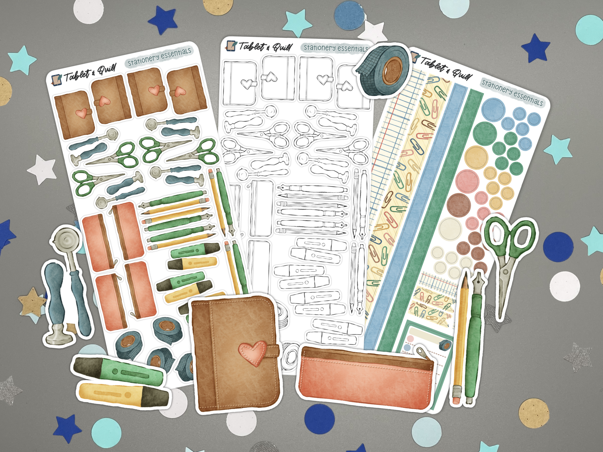 Collection of stationery themed bullet journal stickers on a gray background with confetti.