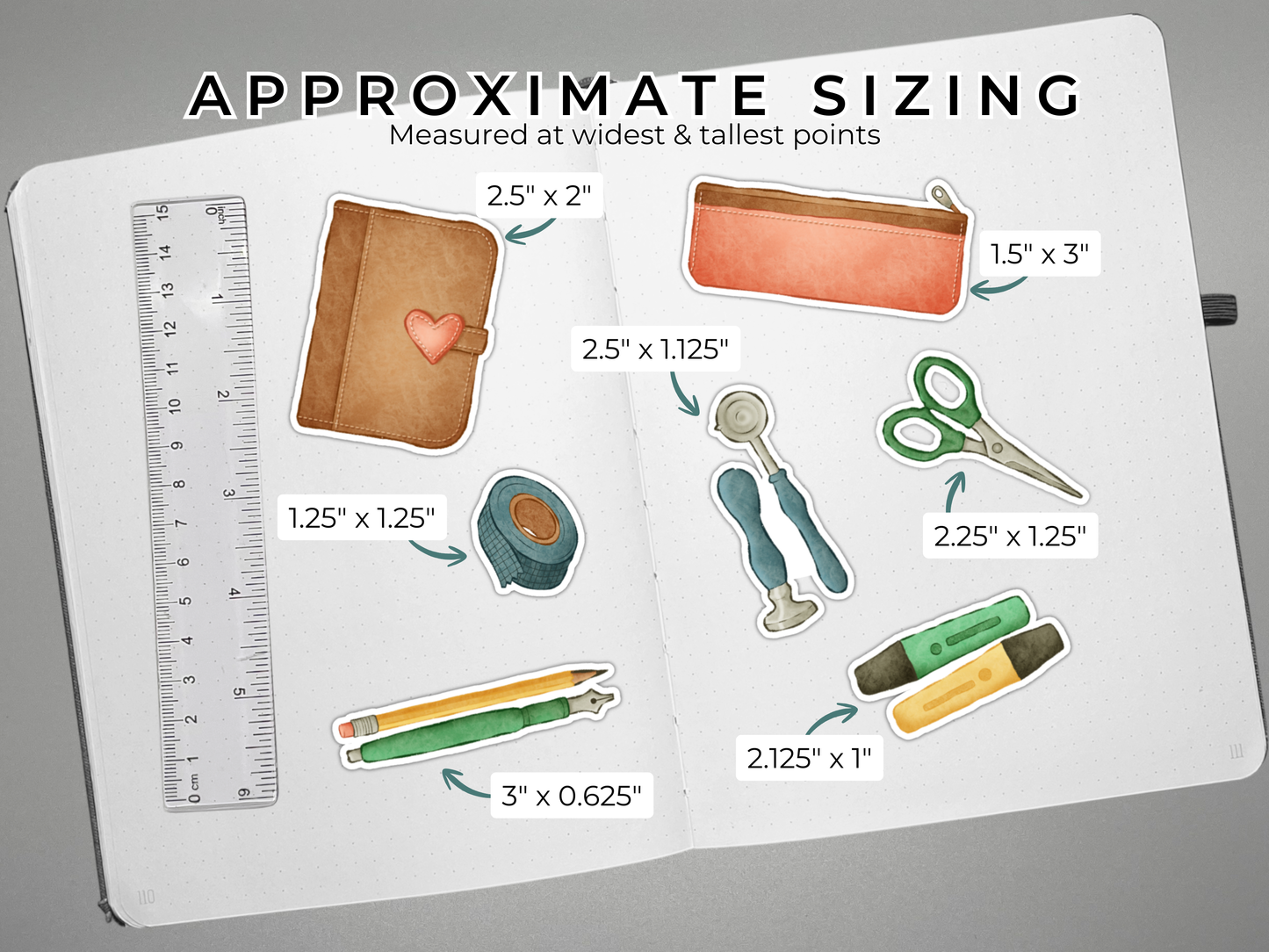 Collection of stationery themed bullet journal stickers with a ruler for scale on an open bullet journal with gray background. Approximate sizing for each sticker.
