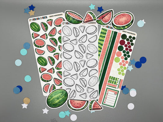 An overview image of watermelon themed stickers, including a color sticker sheet, a colorable sticker sheet, a decorative sticker sheet, and die cut sticker flakes.