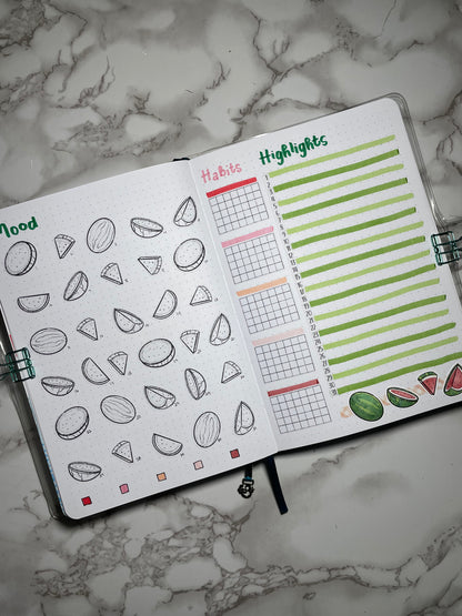 Bullet journal monthly spread with mood log, habit tracker, and highlights.
