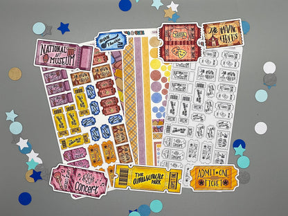 An overview image of tickets themed stickers, including a color sticker sheet, a colorable sticker sheet, a decorative sticker sheet, and die cut sticker flakes. 