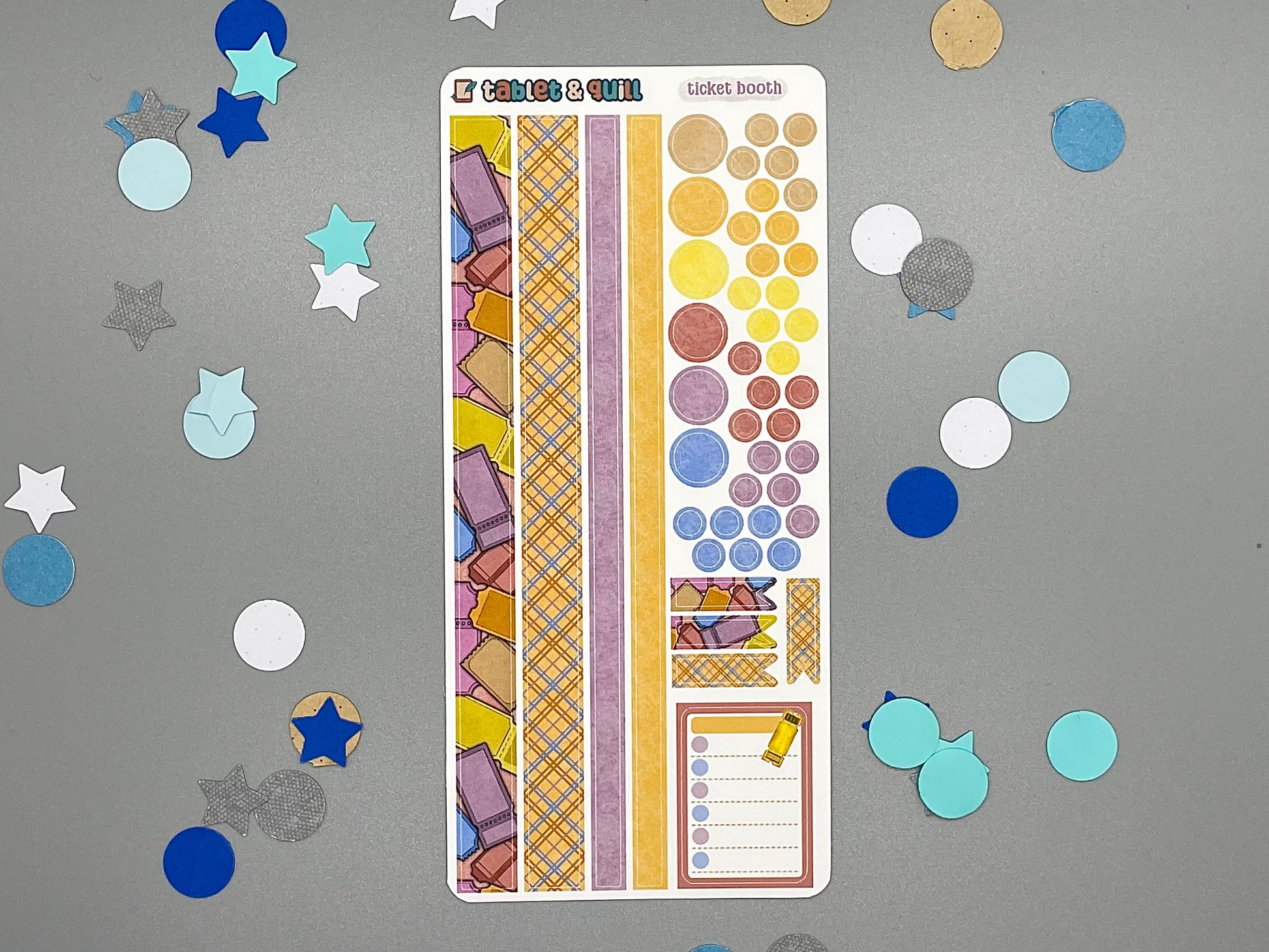Decorative ticket themed sticker sheet on a gray background with confetti.