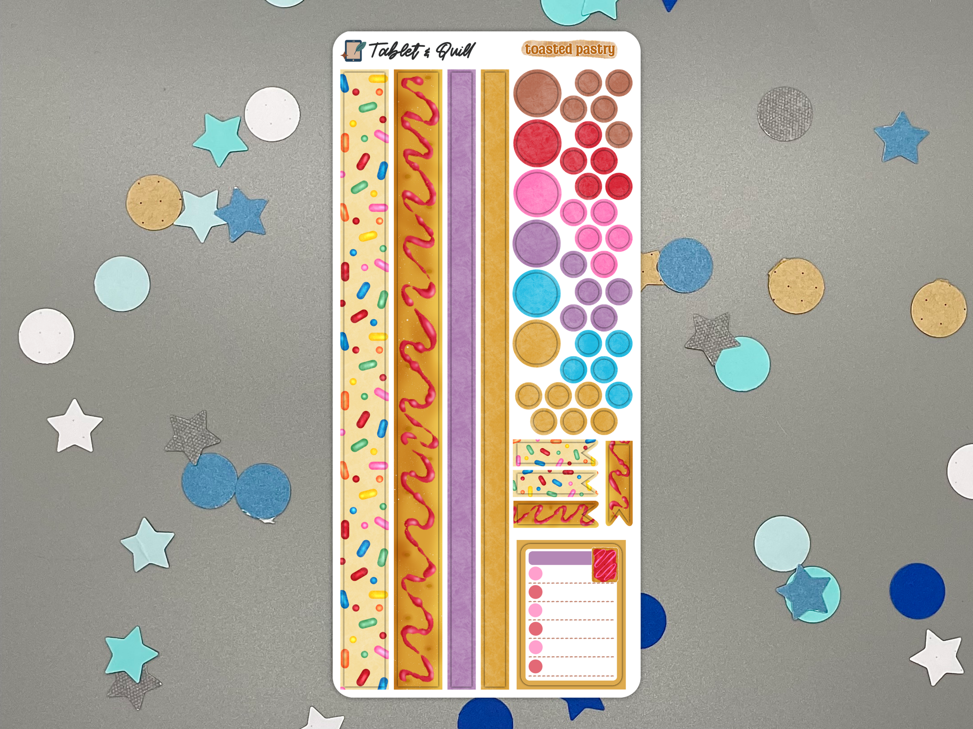 Decorative toasted pastries themed sticker sheet on a gray background with confetti.