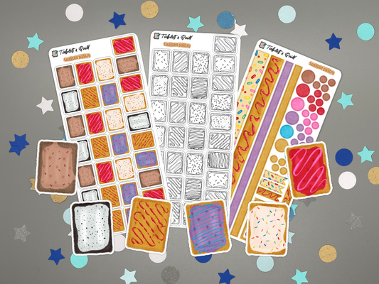 Set of toasted pastry themed stickers and sticker sheets on a gray background with confetti.