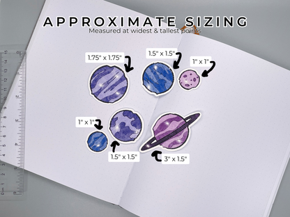 Twinkling planets die cut stickers with sizing.