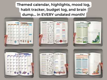 Themed calendar, highlights, mood log, habit tracker, budget log, and brain dump in every undated month. Six examples of these pages.
