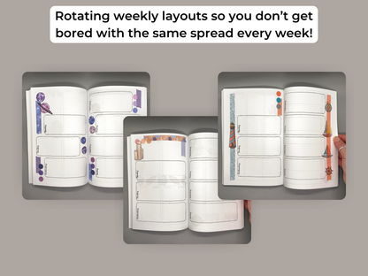 Rotating weekly layouts so you don't get bored with the same spread every week. Three examples of weekly planner spreads.