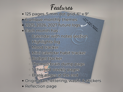 List of features in the undated planner, including dimensions and layouts included.