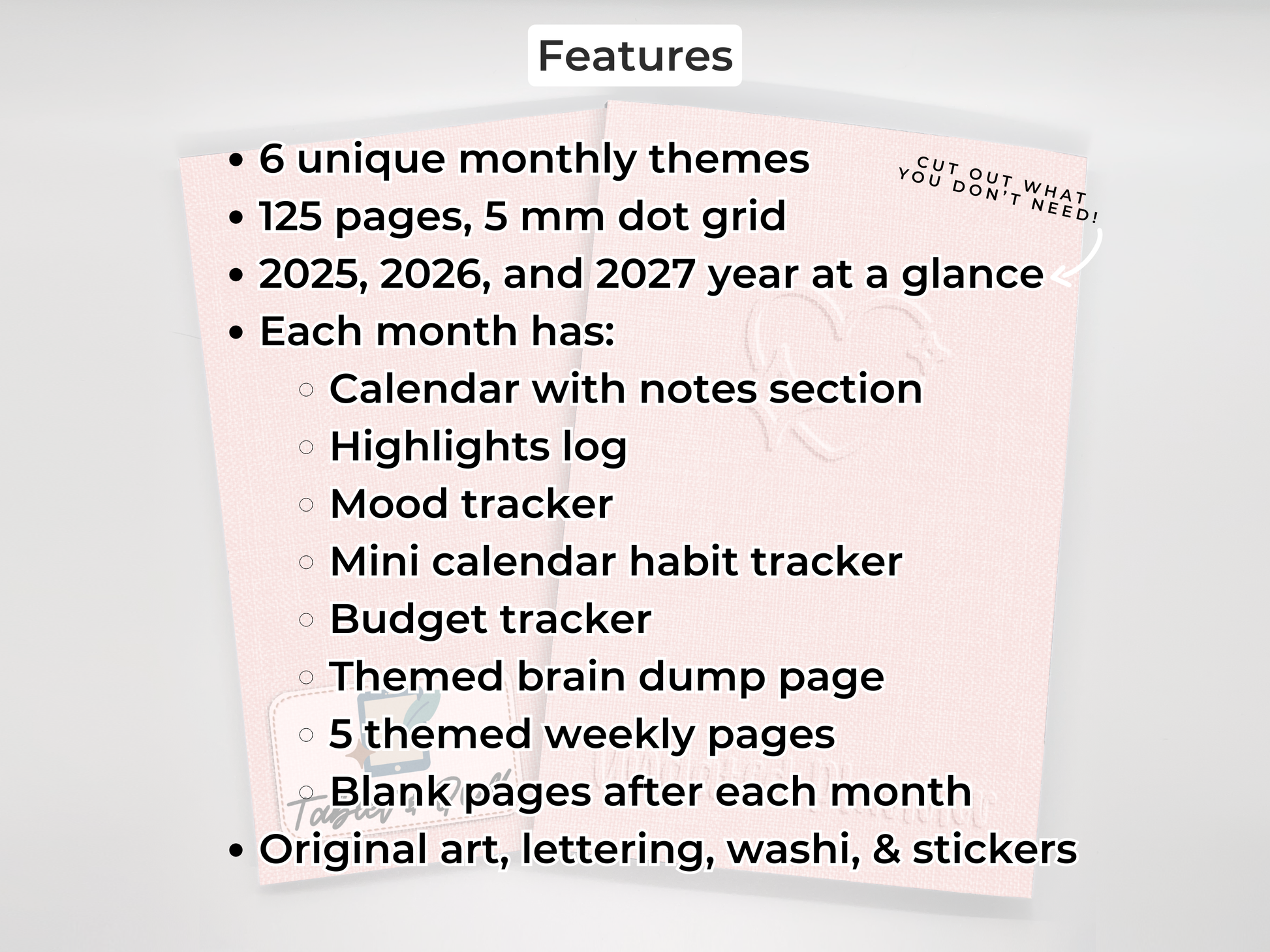 Product description of a planner with features listed on a white background