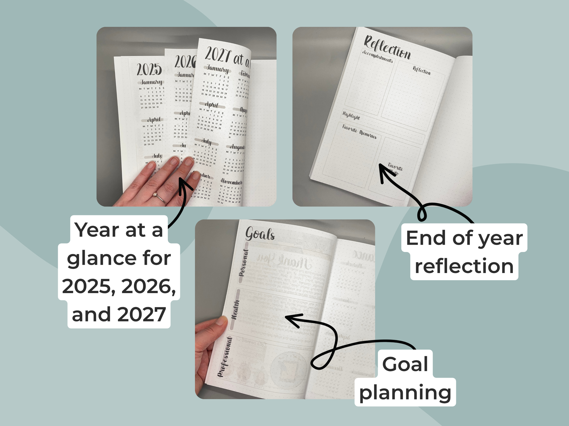 Planners with sections for year at a glance, reflection, and goal planning on a light blue background.