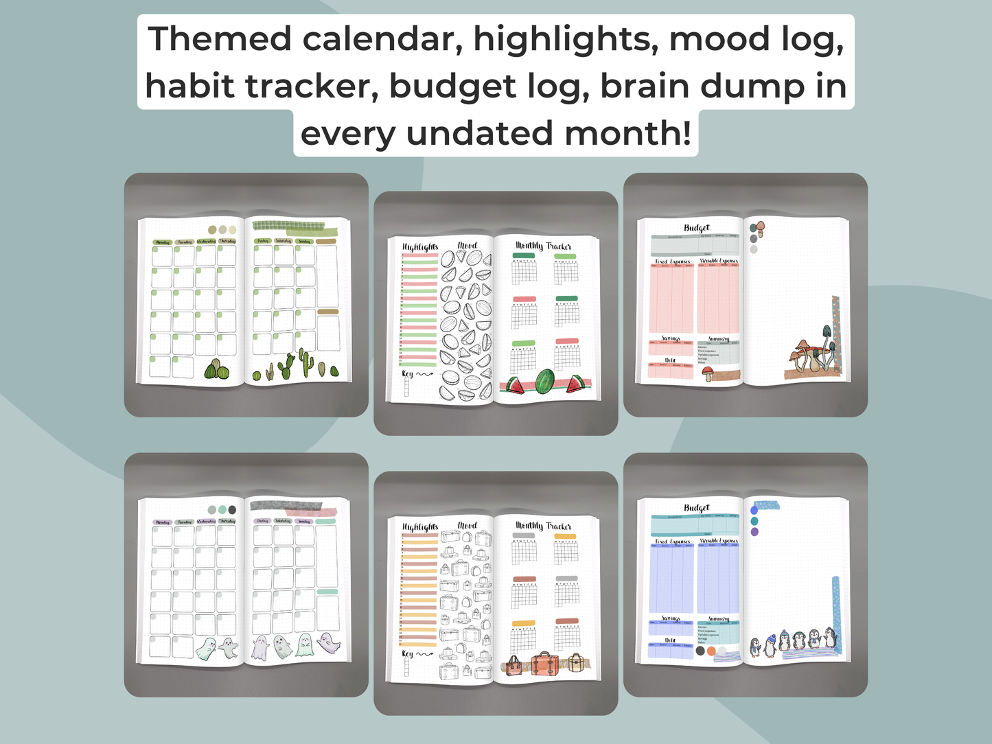 Collection of planner pages with various logs and trackers on a light blue background.