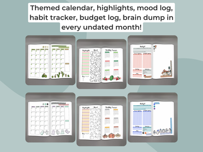 Collection of planner pages with various logs and trackers on a light blue background.