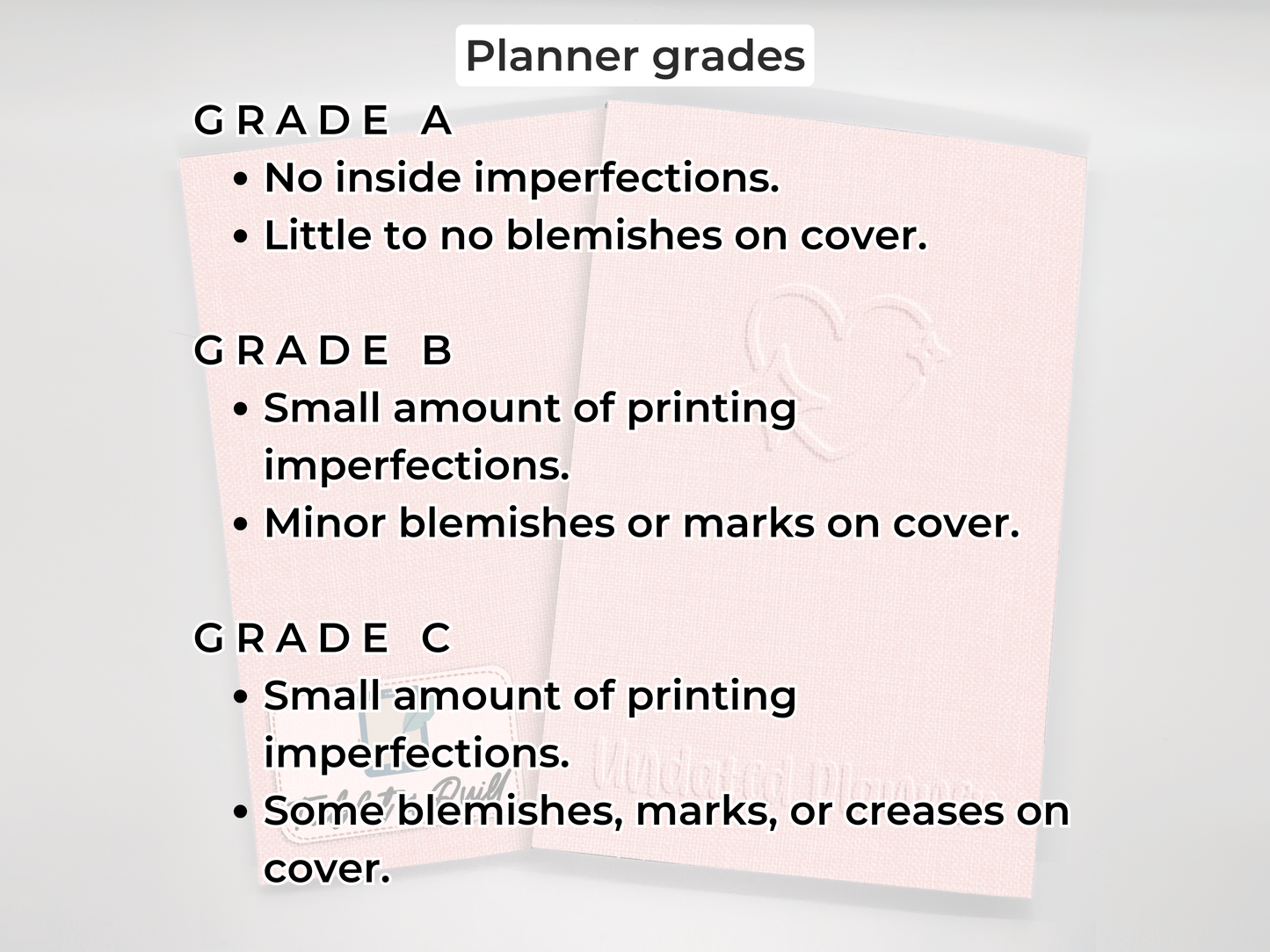 Grading system for planners with text and a pink planner on a gray background